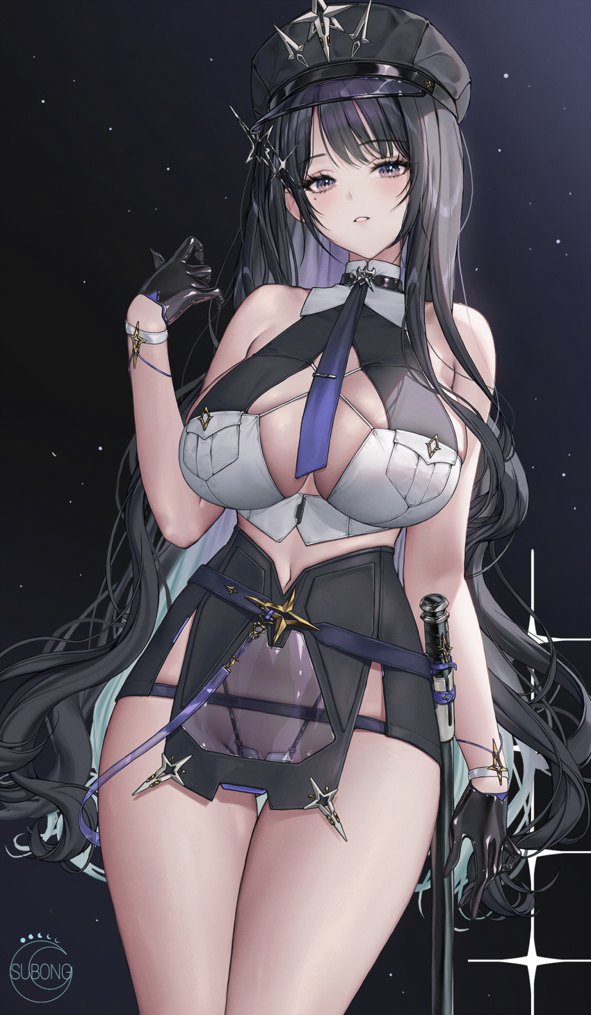 bare_arms bare_shoulders baton_(weapon) black_gloves black_hair black_hat blush breasts commentary female gloves hair_ornament hand_up hat highres large_breasts looking_at_viewer mole mole_under_eye original parted_lips purple_eyes see-through_clothes see-through_skirt skirt smile solo standing subong thigh_gap thighs weapon