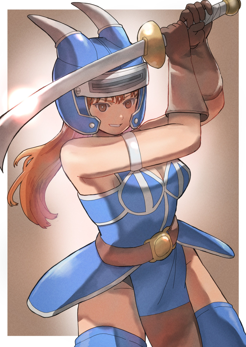 absurdres armlet armor belt black_panties blue_armor blue_thighhighs breasts brown_eyes brown_gloves brown_hair daisy_(dq) dragon_quest dragon_quest_yuusha_abel_densetsu fake_horns female gloves helmet highres holding holding_sword holding_weapon horned_helmet horns jewelry k_katora long_hair panties smile solo sword thighhighs underwear weapon