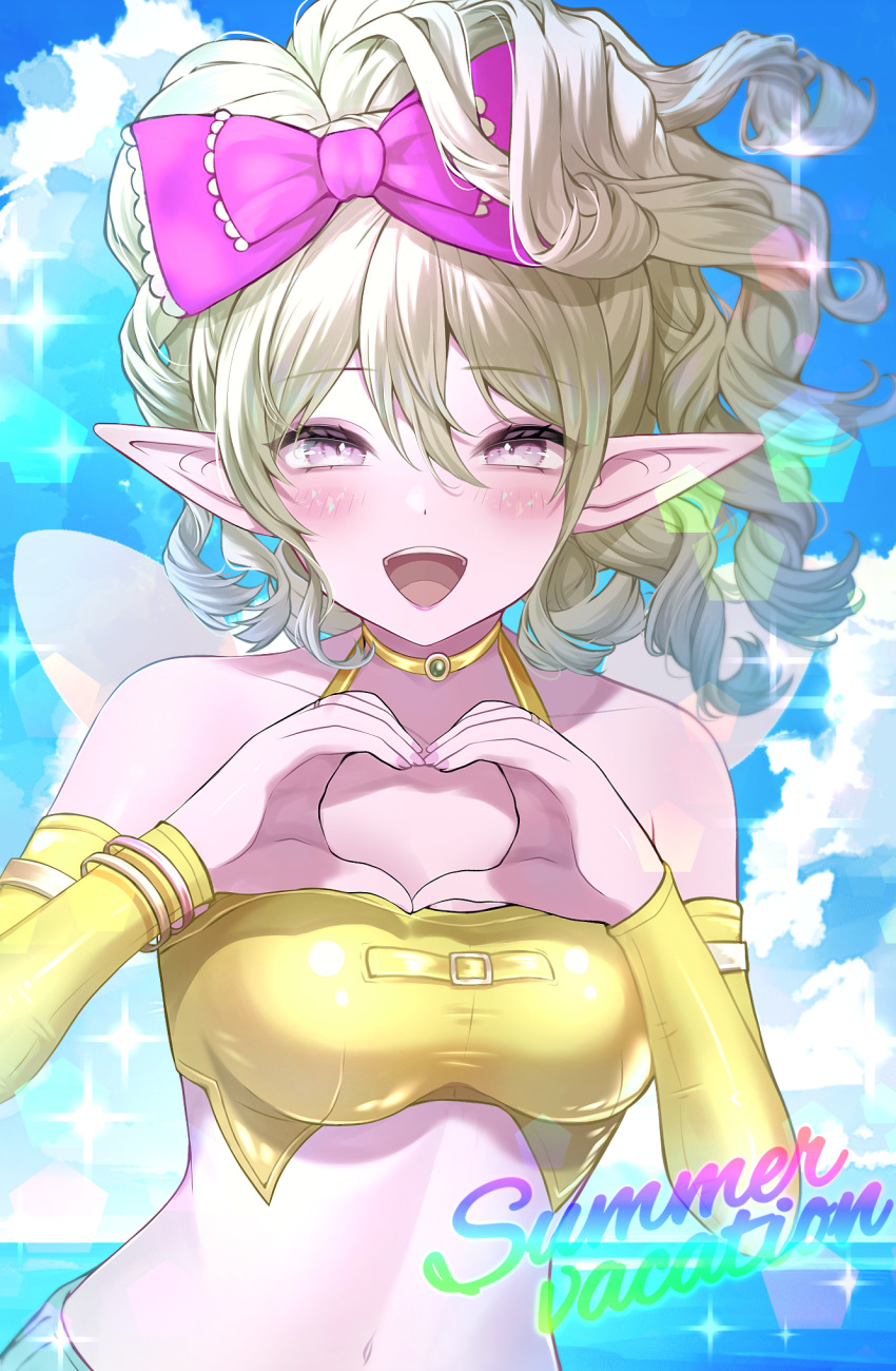 armlet blonde_hair blue_sky blush bow bracelet breasts colored_skin commentary_request cropped_shirt curly_hair dragon_quest dragon_quest_x elf_(dq10) english_text female floating_hair gold_choker hair_between_eyes hairbow heart heart_hands high_ponytail highres jewelry looking_at_viewer medium_breasts midriff navel nikon_(user_aznh7528) open_mouth pink_bow pink_eyes pink_skin pointy_ears shirt sky sparkle summer upper_body water wings yellow_bridal_gauntlets yellow_shirt