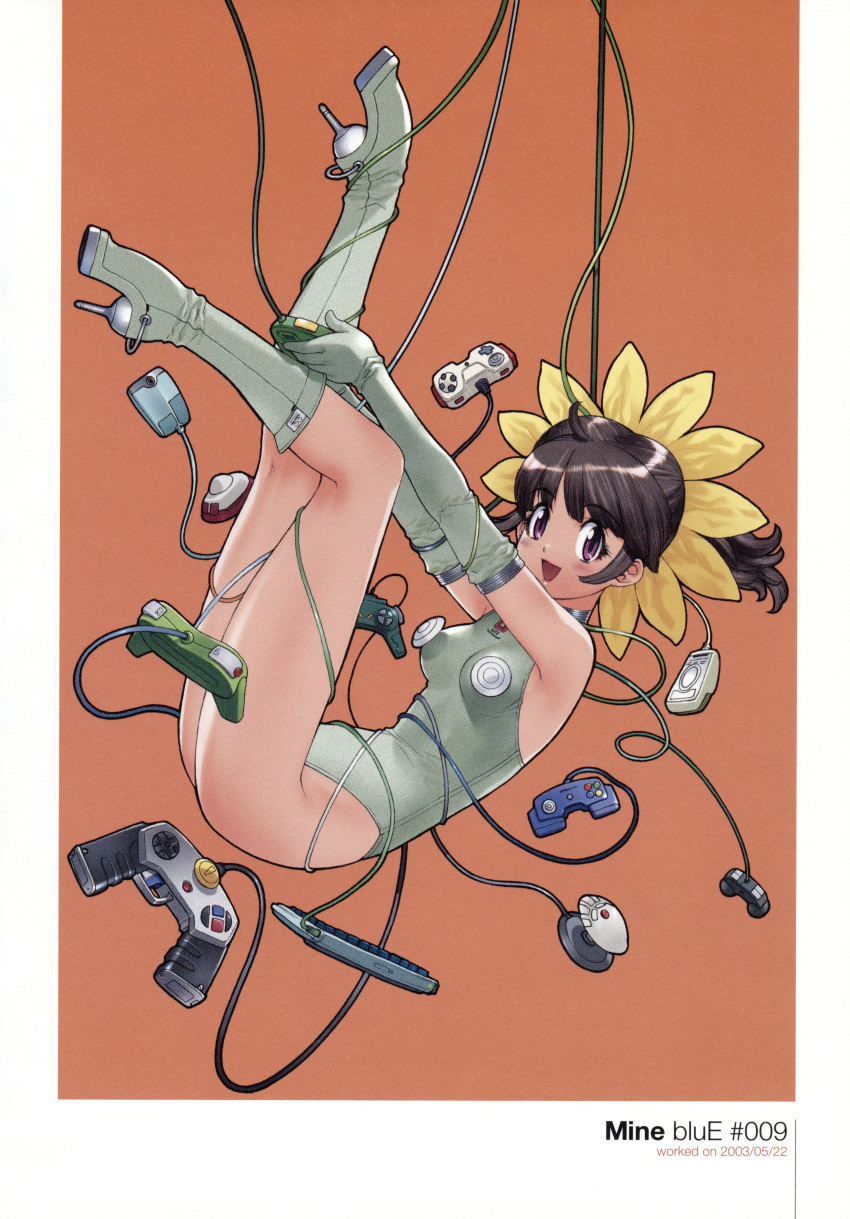 :d absurdres artbook blush boots breasts brown_hair cable color_halftone computer_keyboard computer_mouse controller copyright_name dated elbow_gloves female flower full_body game_controller gloves grey_footwear grey_gloves grey_leotard hair_flower hair_ornament high_heel_boots high_heels highres holding holding_controller holding_game_controller leotard long_hair medium_breasts open_mouth orange_background ponytail purple_eyes scan scan_artifacts sidelocks simple_background smile solo tech_win thigh_boots tif-to-png_conversion yellow_flower yoshizaki_mine