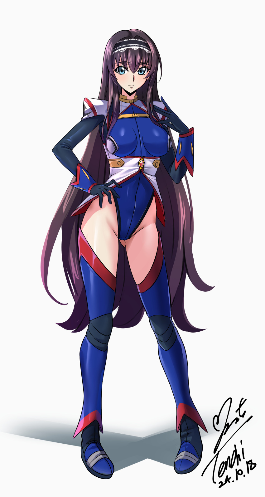 absurdres black_hair black_hairband blue_eyes blue_leotard blue_thighhighs code_geass code_geass:_lost_stories commentary_request commission female full_body hairband hands_on_own_hips highleg highleg_leotard highres lace-trimmed_hairband lace_trim leotard long_hair long_sleeves looking_at_viewer maya_disel pilot_suit pixiv_commission sidelocks simple_background solo thighhighs very_long_hair white_background yoo_tenchi