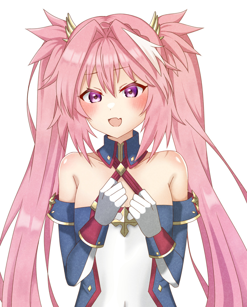 1boy astolfo_(fate) bare_shoulders blue_gloves blue_leotard blush bradamante_(fate) bradamante_(fate)_(cosplay) bradamante_(first_ascension)_(fate) braid braided_ponytail cosplay crown_braid elbow_gloves fate/apocrypha fate/grand_order fate_(series) gloves hair_intakes hair_ornament highres leotard long_hair looking_at_viewer multicolored_hair open_mouth otoko_no_ko pink_hair purple_eyes smile solo streaked_hair tanutika twintails two-tone_gloves two-tone_leotard very_long_hair white_gloves white_hair white_leotard