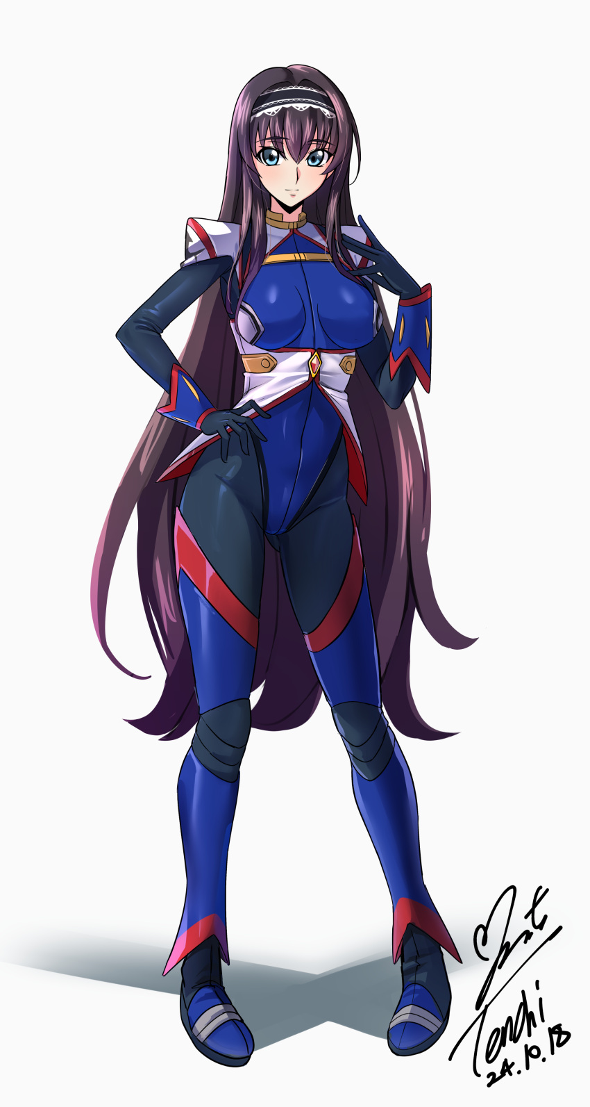 absurdres black_hair black_hairband black_pantyhose blue_eyes blue_leotard blue_thighhighs code_geass code_geass:_lost_stories commentary_request commission female full_body hairband hands_on_own_hips highleg highleg_leotard highres lace-trimmed_hairband lace_trim leotard long_hair long_sleeves looking_at_viewer maya_disel pantyhose pilot_suit pixiv_commission sidelocks simple_background solo thighhighs very_long_hair white_background yoo_tenchi