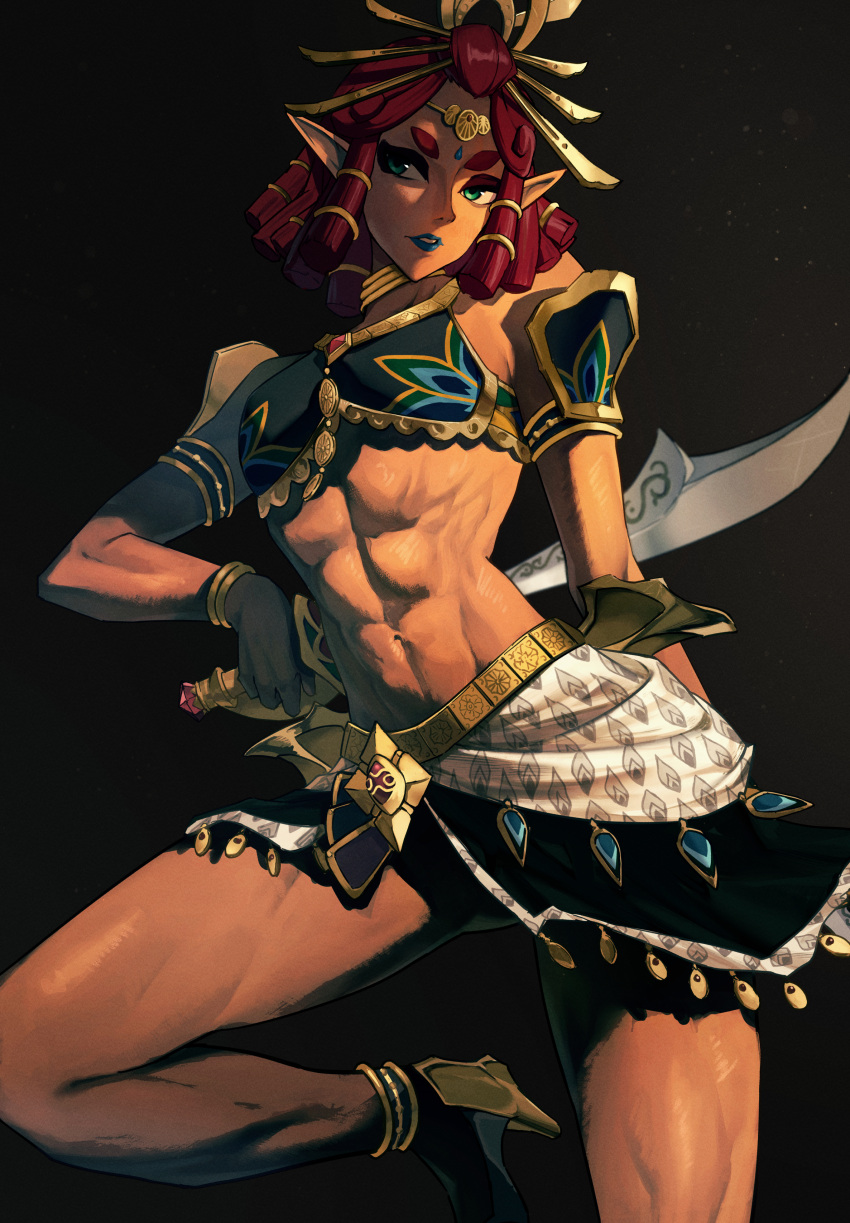 abs absurdres blue_lips commentary dark-skinned_female dark_skin english_commentary female gerudo gold_circlet gold_jewelry green_eyes high_heels highres holding holding_sword holding_weapon jewelry madoro_q mixed-language_commentary muscular muscular_female navel neck_ring pointy_ears red_hair riju solo sword the_legend_of_zelda the_legend_of_zelda:_tears_of_the_kingdom thick_eyebrows thunder_helm weapon