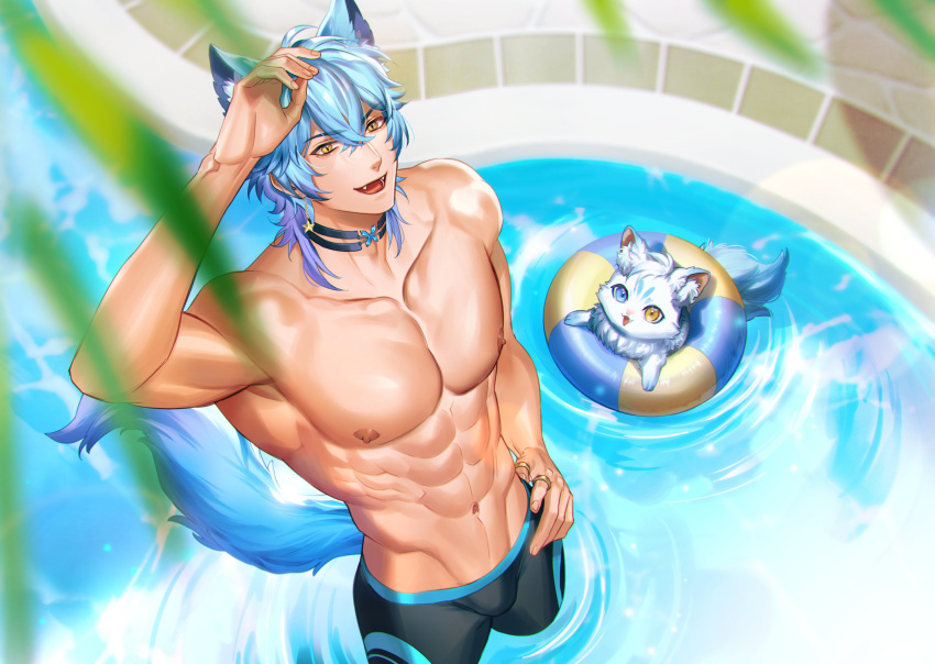 1boy abs absurdres animal_ears aqua_hair black_choker black_male_swimwear blue_hair blue_tail choker fangs feline fox_boy fox_ears fox_tail highres indie_virtual_youtuber innertube lucis_custos male_focus male_swimwear multicolored_hair muscular muscular_male navel nipples okii_(oh_ki_ik) open_mouth pool purple_hair second-party_source short_hair stomach swim_ring tail topless_male virtual_youtuber white_fur yellow_eyes