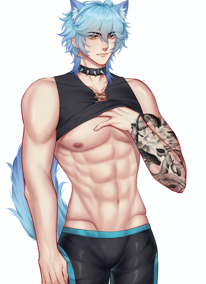 1boy abs absurdres animal_ears aqua_hair arm_tattoo azaxiii black_choker black_male_swimwear black_shirt blue_hair blue_tail choker clothes_lift collar earrings fox_boy fox_ears fox_tail guilty_challenge_(meme) highres indie_virtual_youtuber jewelry lucis_custos male_focus male_swimwear meme multicolored_hair muscular muscular_male navel nipples second-party_source shirt shirt_lift short_hair solo spiked_collar spikes stomach tail tattoo virtual_youtuber yellow_eyes