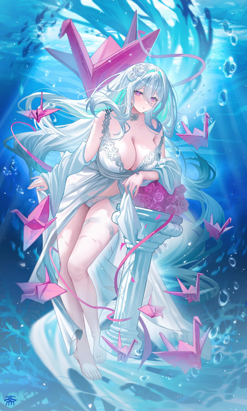 absurdres alternate_costume azur_lane barefoot blush breasts cleavage closed_mouth collarbone dress female full_body hair_between_eyes hair_ornament highres kearsarge_(azur_lane) large_breasts legs long_hair origami panties paper_crane purple_eyes solo tansuan_(ensj3875) thigh_strap thighs underwater underwear white_dress white_hair white_panties