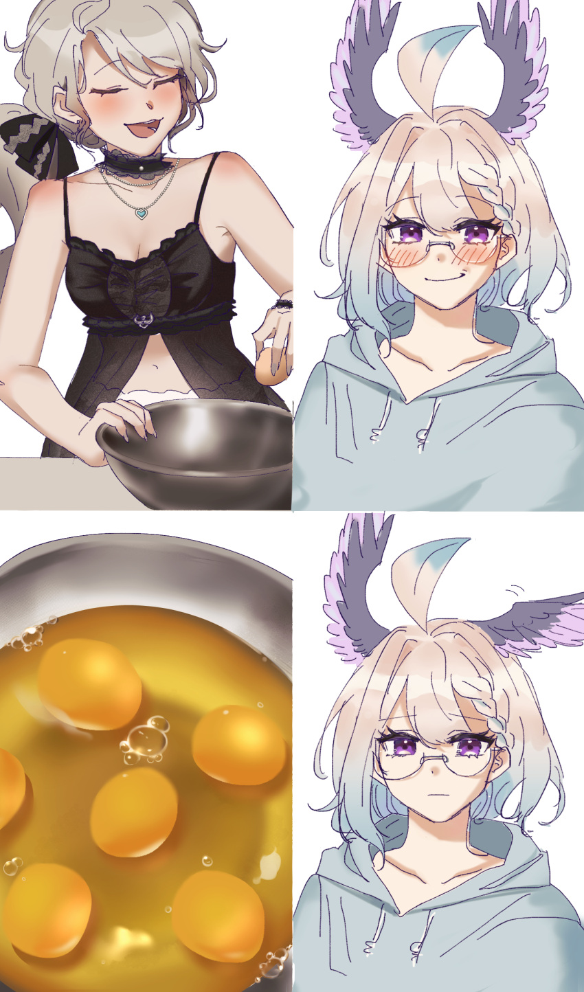 2girls ahoge babydoll black_babydoll black_choker blonde_hair blush braid breasts casual choker cleavage closed_eyes egg egg_yolk enna_alouette expressionless glasses gradient_hair grey_hair grey_hoodie hair_between_eyes head_wings highres hood hoodie long_hair medium_hair meme mixing_bowl mpinfandom multicolored_hair multiple_girls navel nijisanji nijisanji_en open_mouth ponytail purple_eyes reimu_endou reimu_endou_(4th_costume) small_breasts smile spaghetti_strap virtual_youtuber wings yuri