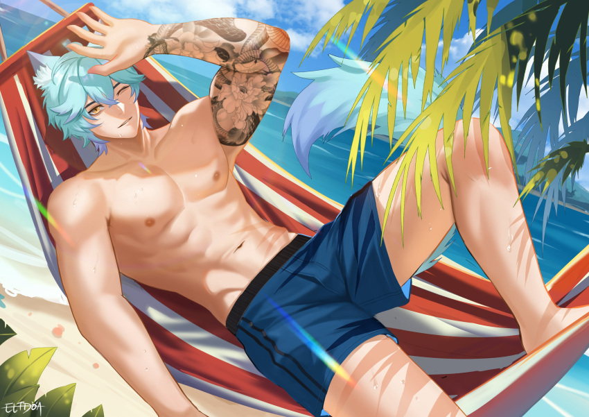 1boy abs absurdres animal_ears aqua_hair aqua_tail arm_tattoo beach blue_hair blue_male_swimwear eltdoa fox_boy fox_ears fox_tail highres indie_virtual_youtuber lucis_custos lying male_focus male_swimwear multicolored_hair multicolored_tail muscular muscular_male navel nipples ocean one_eye_closed purple_tail second-party_source short_hair solo stomach tail tattoo topless_male virtual_youtuber yellow_eyes