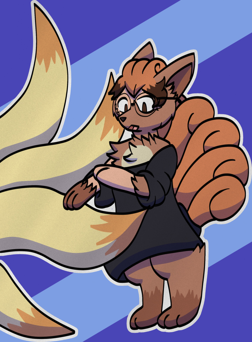 abstract_background ambiguous_gender bipedal_feral bottomless canid canine chest_tuft clothed clothing curse duo eyewear feral fox fur fur_growth generation_1_pokemon glasses growth hi_res human loss_of_dexterity male mammal multi_tail ninetales nintendo open_mouth orange_body orange_fur oversized_clothing partially_clothed paw_growth pokemon pokemon_(species) red_body red_fur size_difference tail tail_grab transformation trapped_in_clothing tuft vulpix windwalker14 yellow_body yellow_fur