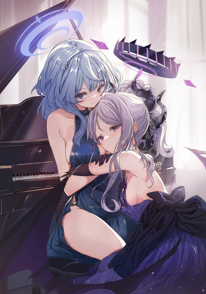 2girls ako_(blue_archive) ako_(dress)_(blue_archive) bare_shoulders black_halo black_horns black_wings blue_archive blue_dress blue_eyes blue_hair blue_halo blush breasts closed_mouth commentary_request cutlass_(classic_chocolate) demon_girl demon_horns demon_wings dress elbow_gloves evening_gown gloves grand_piano halo highres hina_(blue_archive) hina_(dress)_(blue_archive) horns hug indoors instrument large_breasts long_hair looking_at_viewer medium_hair multiple_girls multiple_horns official_alternate_costume official_alternate_hairstyle piano piano_keys purple_dress purple_eyes purple_gloves side_slit sideboob smile strapless strapless_dress thighs white_hair wings