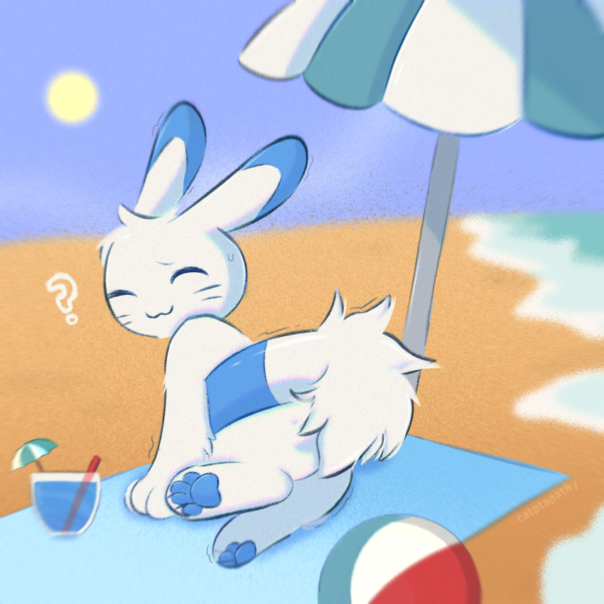 ambiguous_gender ball beach beach_ball beach_umbrella beta_pokemon_(species) beta_pokemon_games beverage blue_ears blue_pawpads catptapathy closed_eyes feral fluffy fur hi_res inflatable inner_tube lagomorph leporid mammal markings nintendo parasol pawpads paws pokemon pokemon_(species) question_mark rabbit sand sea solo solo_focus striped_markings striped_tail stripes sun sunbathing tail tail_markings umbrella warabbit water whiskers white_body white_fur