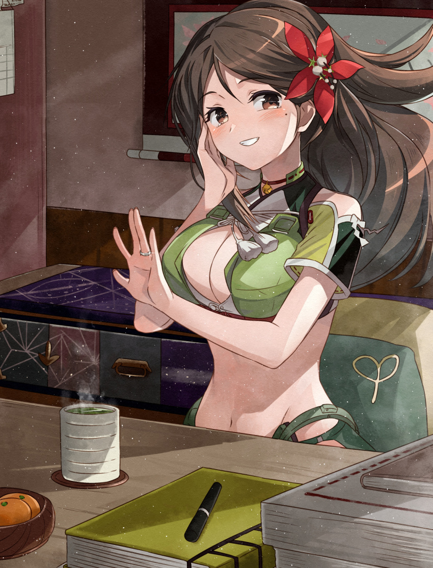 \||/ amagi_(kancolle) amagi_kai_(kancolle) bell blush breasts brown_eyes brown_hair cleavage cleavage_cutout clothing_cutout commission cup desk female flower food fruit green_tea grin hair_flower hair_ornament hand_on_own_cheek hand_on_own_face highres jewelry jingle_bell kanmiya_shinobu kantai_collection large_breasts long_hair looking_at_viewer mandarin_orange mole mole_under_eye mug navel neck_bell paper_stack ring short_sleeves shoulder_cutout sitting skeb_commission smile solo steam tassel tea wedding_ring yunomi