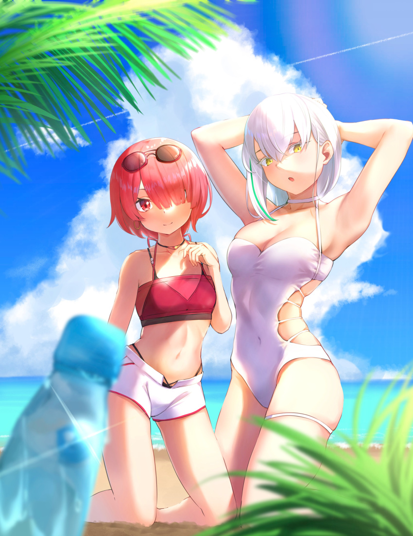 2girls absurdres armpits arms_behind_head bandeau beach bikini_under_shorts black_choker breasts choker closed_mouth cloud commentary covered_navel eyewear_on_head hair_between_eyes hair_over_one_eye highres kneeling m.tokotsu medium_breasts medium_hair multiple_girls navel one-piece_swimsuit open_mouth outdoors palm_leaf pink_hair presenting_armpit ram_(re:zero) ramune re:zero_kara_hajimeru_isekai_seikatsu red_bandeau sand short_hair short_shorts shorts sky small_breasts smile sunglasses swimsuit white_choker white_hair white_one-piece_swimsuit white_shorts yellow_eyes zarestia_(re:zero)