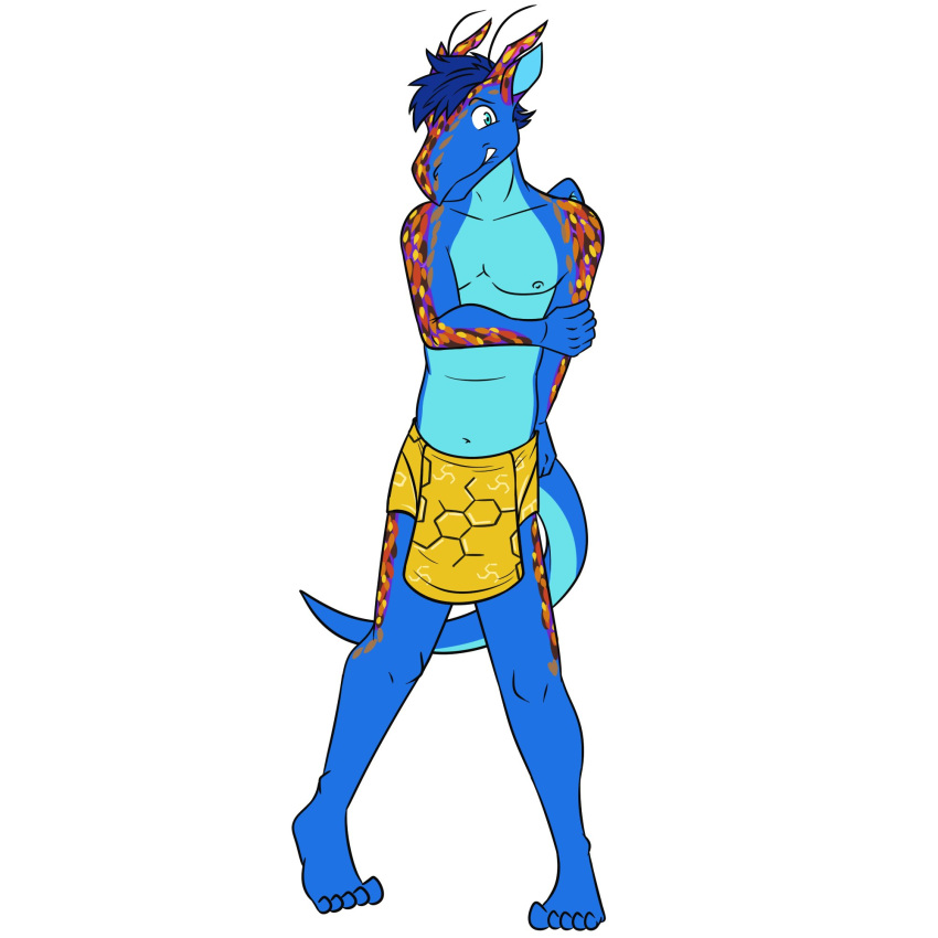 1:1 2024 5_fingers 5_toes anthro biped bite biting_lip biting_own_lip blue_body blue_eyes blue_hair blue_nipples blue_skin blue_tail bottomwear clothed clothing dragon embarrassed feet fingers front_view fuze hair hi_res holding_arm honeycomb_(pattern) male mostly_nude multicolored_body mythological_creature mythological_scalie mythology navel nipples plantigrade scalie simple_background solo standing tail toes topless topless_anthro topless_male unknown_character white_background wings wings_of_fire yellow_bottomwear yellow_clothing