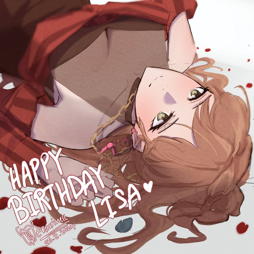 bang_dream! breasts brown_hair cleavage closed_mouth commentary_request earrings female green_eyes happy_birthday highres imai_lisa jewelry large_breasts long_hair necklace on_bed petals rose_petals rourinell smile solo