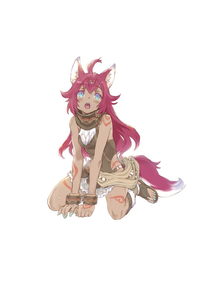 :o absurdres ahoge animal_ear_fluff animal_ears blue_eyes blue_nails blush bodypaint bracelet breasts brown_dress brown_footwear covered_navel dark-skinned_female dark_skin dress female fingernails full_body fuuka_(rune_factory) green_nails highres jewelry kneeling long_hair looking_up nail_polish oerba_yun_fang official_art open_mouth red_hair rune_factory rune_factory_5 sandals simple_background skirt small_breasts solo tail toenail_polish toenails transparent_background