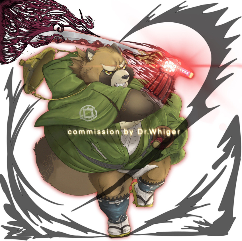 1boy bara brown_fur colored_sclera dr_whiger full_body furry furry_male gloves glowing gourd green_kimono grimace gyobu_(housamo) highres holding holding_sword holding_weapon japanese_clothes kimono loincloth male_focus raccoon_boy sandals solo sword tears tokyo_afterschool_summoners weapon white_background yellow_sclera