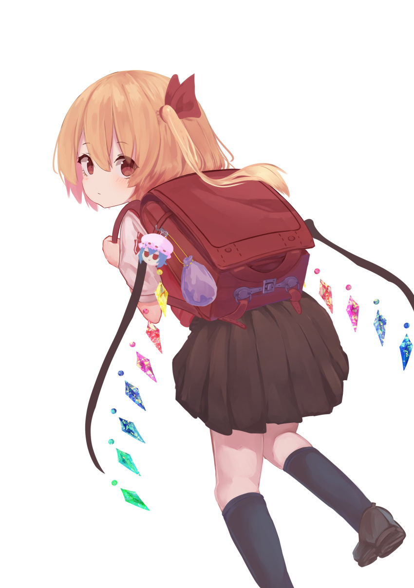 absurdres backpack bag black_socks blonde_hair brown_footwear brown_skirt crystal embodiment_of_scarlet_devil female flandre_scarlet highres kneehighs looking_at_viewer looking_back multicolored_wings r_utchi randoseru red_eyes red_vest remilia_scarlet side_ponytail simple_background skirt socks solo touhou vest white_background wings