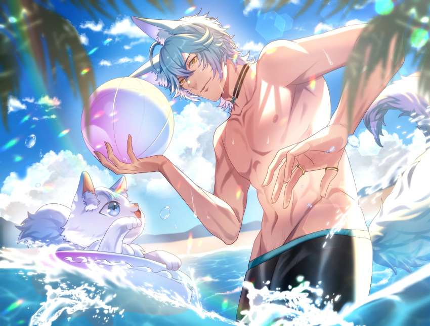 1boy abs animal_ears ball beach beachball black_choker blue_hair blue_male_swimwear choker closed_mouth feline fox_boy fox_ears fox_tail highres holding holding_ball indie_virtual_youtuber lucis_custos male_focus male_swimwear multicolored_hair muscular muscular_male navel nipples ocean second-party_source short_hair smile soubi1022 stomach tail topless_male virtual_youtuber white_fur yellow_eyes