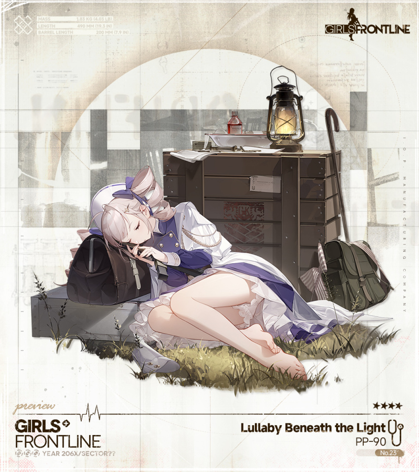 ahoge aiguillette bag bare_legs barefoot basin black_bag bloomers blue_dress blue_ribbon boots bottle box buttons cane character_name closed_mouth coat coat_dress commentary copyright_name crate doctor double-breasted dress drill_hair duffel_bag english_commentary feet female full_body girls'_frontline grass green_bag griffin_&_kryuger gun gyaku_tsubasa hair_ornament hair_ribbon hairclip hat highres holding holding_gun holding_weapon knee_boots lantern legs long_hair long_sleeves lying medicine no_socks nurse_cap official_alternate_costume official_art on_side overcoat pp-90 pp-90_(girls'_frontline) pp-90_(lullaby_beneath_the_light)_(girls'_frontline) promotional_art resting ribbon second-party_source solo star_(symbol) stethoscope syringe toes twin_drills weapon white_bloomers white_coat white_footwear white_hair white_hat