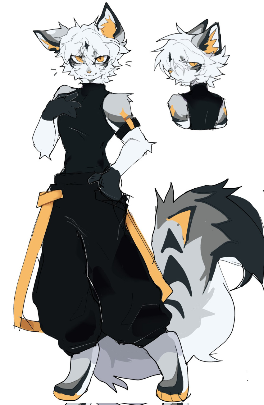 2024 black_body black_fur black_sleeveless_shirt domestic_cat felid feline felis fur grey_body grey_fur hi_res kemono looking_at_viewer mammal nottaii slim_anthro slim_male standing white_body white_fur yellow_eyes