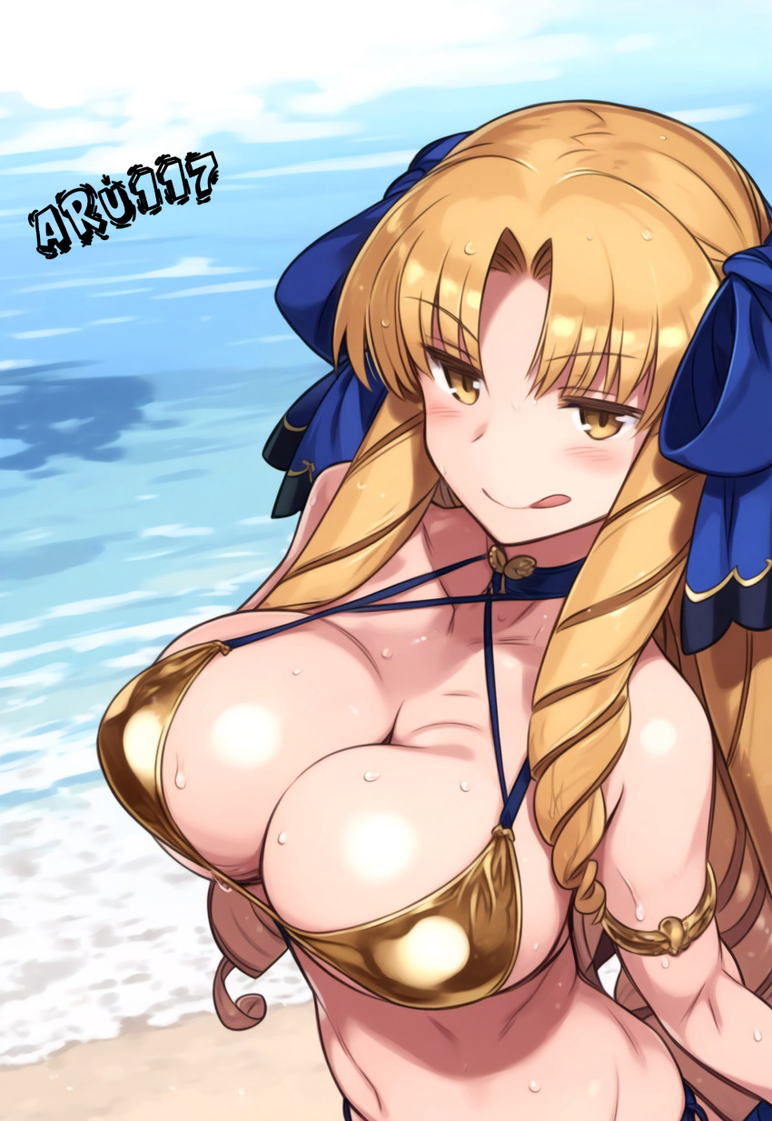 1girls ai_generated aru117 beach bikini blonde_hair blue_ribbon blush fate/hollow_ataraxia fate_(series) female_only golden_bikini golden_eyes inminent_sex luviagelita_edelfelt pose sea sweat tongue_out younger_female