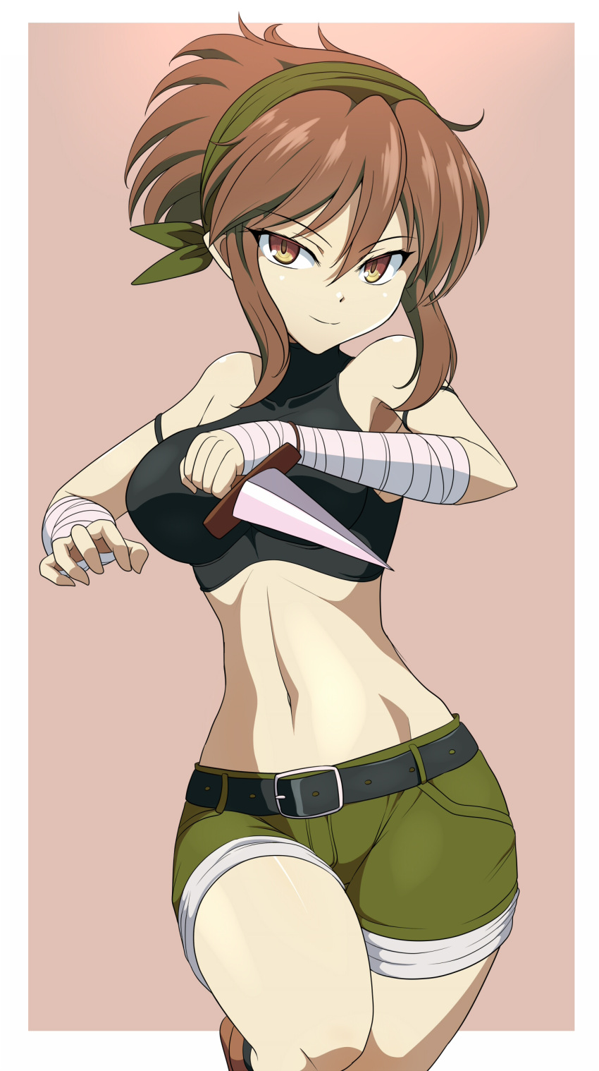 absurdres bandaged_wrist bandages bandit_(tales_of_destiny_2) belt black_belt black_sports_bra breasts brown_background brown_eyes brown_hair clam_curry closed_mouth commentary_request dagger feet_out_of_frame female green_hairband green_shorts hairband highres holding holding_dagger holding_knife holding_weapon knife medium_breasts midriff navel paid_reward_available reverse_grip short_hair shorts sidelocks simple_background smile solo sports_bra tales_of_(series) tales_of_destiny_2 two-tone_background weapon white_background