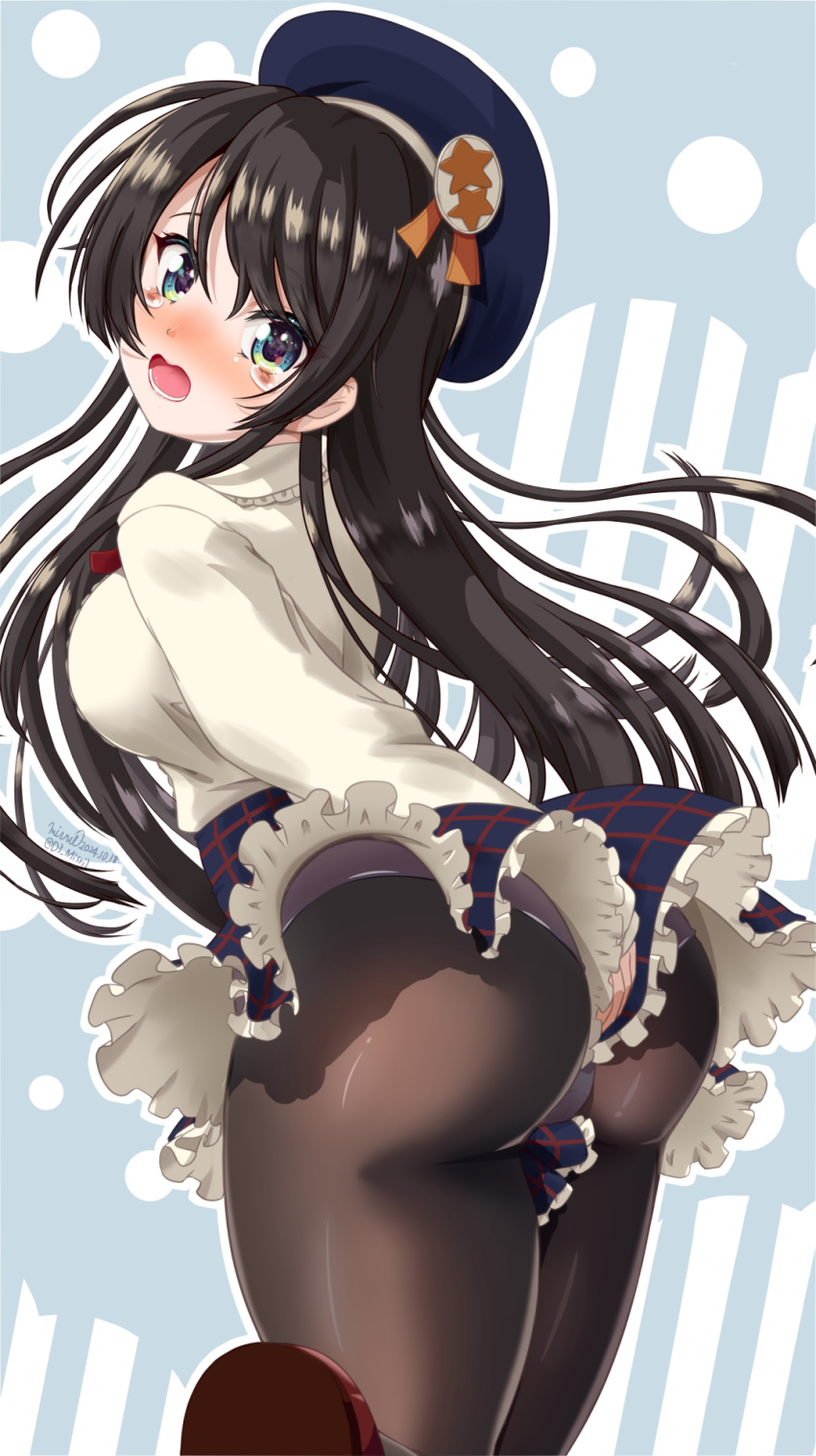 ass beret black_pantyhose blue_eyes blue_hat blue_skirt breasts brown_footwear brown_hair female frilled_skirt frills hat highres hololive large_breasts long_hair looking_at_viewer misril oozora_subaru oozora_subaru_(casual) open_mouth pantyhose shirt shoes skirt solo tears virtual_youtuber white_shirt