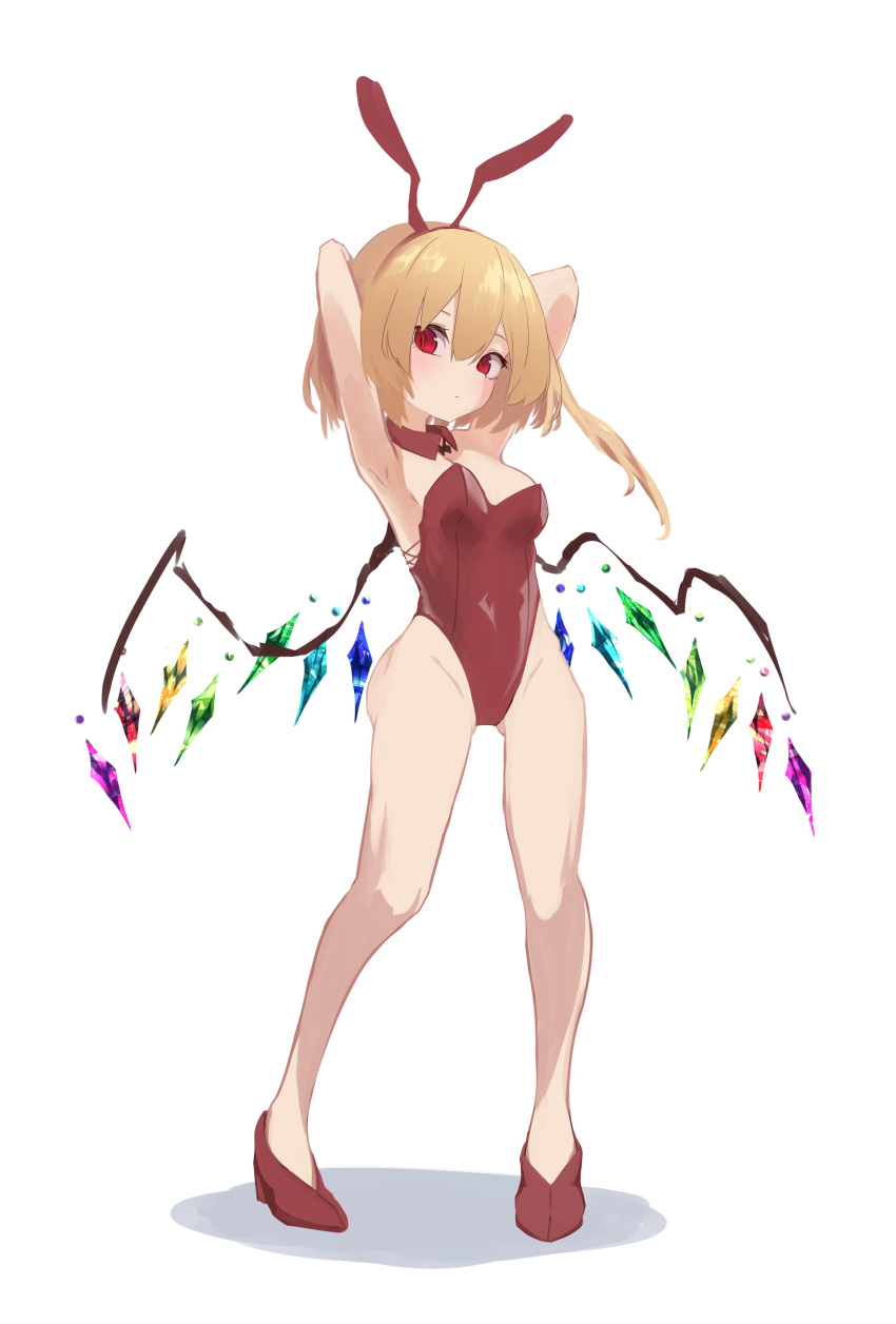 absurdres animal_ears armpits arms_up ass_visible_through_thighs bare_legs blonde_hair breasts closed_mouth crystal detached_collar fake_animal_ears female flandre_scarlet high_heels highres leotard looking_at_viewer multicolored_wings playboy_bunny r_utchi rabbit_ears red_eyes red_footwear red_leotard side_ponytail simple_background solo touhou white_background wings