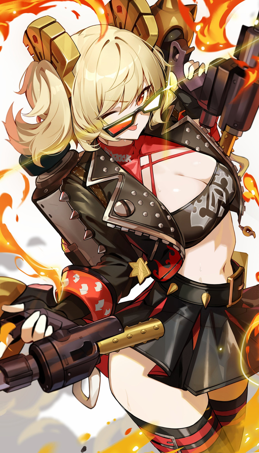 absurdres black_gloves black_jacket black_skirt black_thighhighs blonde_hair breasts burnice_white cleavage commentary_request cowboy_shot female fingerless_gloves fire gloves goomrrat highres holding_flamethrower jacket large_breasts long_hair looking_at_viewer one_eye_closed open_clothes open_jacket open_mouth red-tinted_eyewear red_eyes sidelocks skirt smile solo sunglasses thighhighs tinted_eyewear zenless_zone_zero