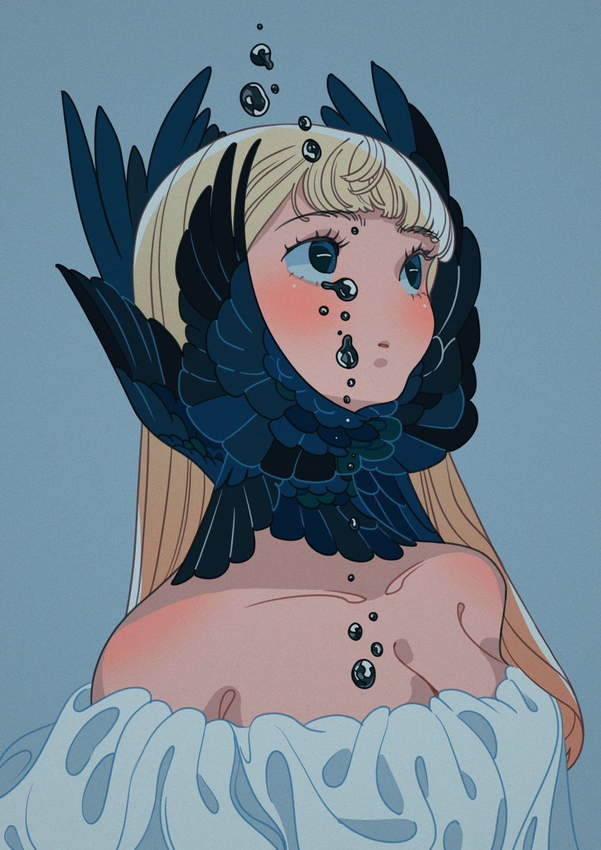 bare_shoulders black_feathers black_tears black_wings blonde_hair blue_background blue_eyes blue_feathers blue_wings blush breasts cleavage collarbone commentary crying crying_with_eyes_open dress english_commentary feathered_wings feathers female floating_tears head_wings highres long_hair looking_up medium_breasts meyoco off-shoulder_dress off_shoulder open_mouth original simple_background solo tears white_dress wings