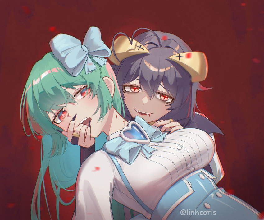 2girls absurdres ahoge artist_name bite_mark black_hair blood bow breasts fangs finger_in_another's_mouth fingernails forward_facing_horns green_hair hairbow heart heart_ahoge highres hiiragi_utena large_breasts linhcoris long_hair looking_at_viewer magia_azure magia_baiser magical_girl mahou_shoujo_ni_akogarete medium_hair minakami_sayo multiple_girls nail_polish red_background red_eyes sharp_fingernails simple_background star-shaped_pupils star_(symbol) symbol-shaped_pupils vampire yuri