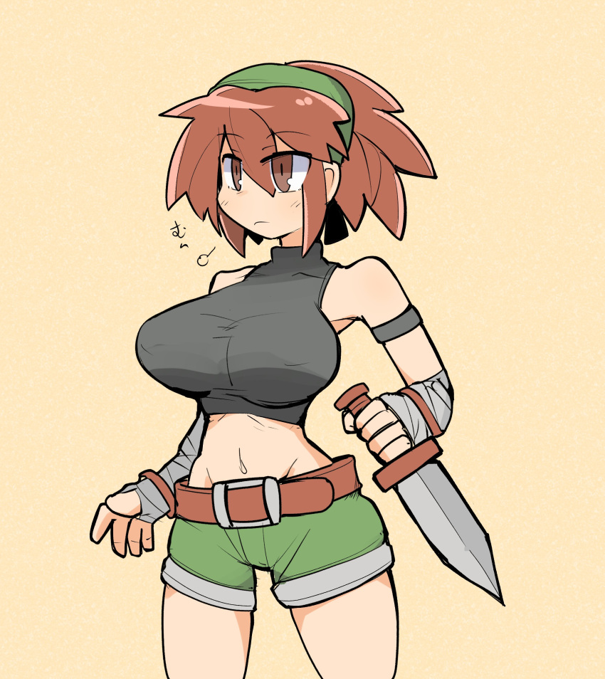 absurdres bandaged_wrist bandages bandit_(tales_of_destiny_2) belt black_sports_bra breasts brown_belt brown_hair closed_mouth commentary_request cowboy_shot dagger expressionless female green_hairband green_shorts hairband highres holding holding_dagger holding_knife holding_weapon knife large_breasts looking_afar midriff navel reverse_grip sheila_ship2 short_hair shorts simple_background solo sports_bra tales_of_(series) tales_of_destiny_2 weapon yellow_background