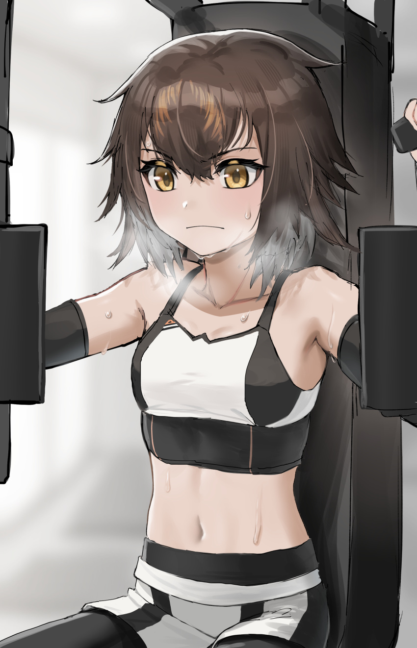 absurdres arknights bare_shoulders bird_girl breasts brown_hair closed_mouth collarbone compression_sleeve exercise_machine exercising female hair_between_eyes highres landl midriff multicolored_hair navel official_alternate_costume plume_(arknights) plume_(easy_time)_(arknights) short_hair sitting small_breasts solo sports_bra sweat two-tone_hair white_hair white_sports_bra yellow_eyes