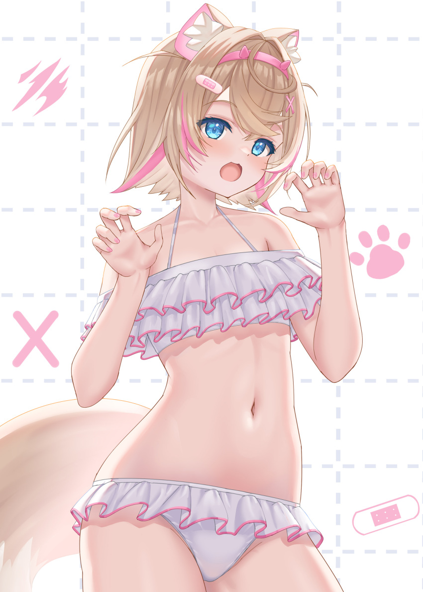 :3 absurdres alternate_costume animal_ears bandaid bandaid_hair_ornament bikini bikini_skirt blonde_hair blue_eyes blush borrowed_design claw_pose commentary crossed_bangs dog_ears dog_girl dog_tail double-parted_bangs fake_horns female flat_chest frilled_bikini frills hair_between_eyes hair_intakes hair_ornament hairband halterneck hands_up highres hololive hololive_english horns looking_at_viewer mococo_abyssgard multicolored_hair nail_polish navel off-shoulder_bikini off_shoulder open_mouth pink_hair pink_hairband pink_nails short_hair solo stomach streaked_hair swimsuit tail two_side_up uehiro virtual_youtuber white_bikini x_hair_ornament