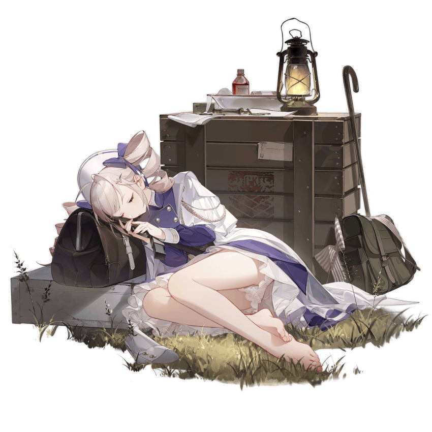 ahoge aiguillette bag bare_legs barefoot basin black_bag bloomers blue_dress blue_ribbon boots bottle box buttons cane closed_mouth coat coat_dress crate doctor double-breasted dress drill_hair duffel_bag feet female full_body girls'_frontline grass green_bag griffin_&_kryuger gun gyaku_tsubasa hair_ornament hair_ribbon hairclip hat highres holding holding_gun holding_weapon knee_boots lantern legs long_hair long_sleeves lying medicine no_socks nurse_cap official_alternate_costume official_art on_side overcoat pp-90 pp-90_(girls'_frontline) pp-90_(lullaby_beneath_the_light)_(girls'_frontline) resting ribbon simple_background solo syringe third-party_source toes transparent_background twin_drills weapon white_bloomers white_coat white_footwear white_hair white_hat