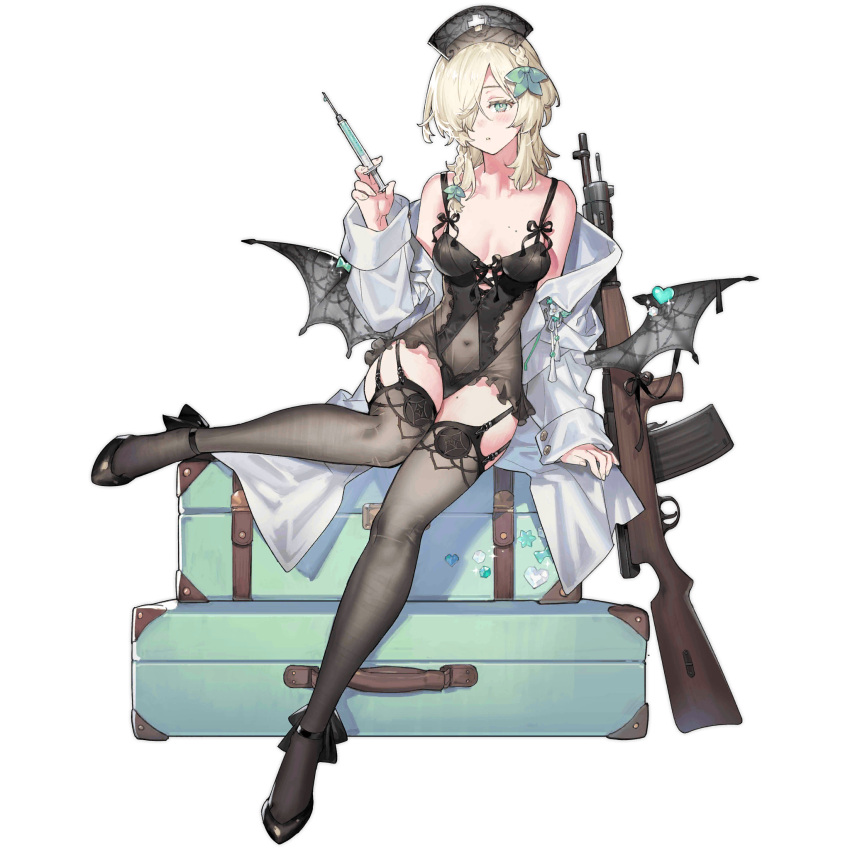 bat_wings battle_rifle black_footwear black_hat black_leotard black_negligee black_thighhighs black_wings blonde_hair blush braid breasts cleavage coat fake_wings fedorov_(girls'_frontline) fedorov_(minty_exhale)_(girls'_frontline) fedorov_avtomat female full_body garter_straps girls'_frontline green_eyes green_ribbons gun hair_ribbon hat heart high_heels highres holding holding_syringe lab_coat leotard long_hair looking_at_viewer medium_breasts mole mole_on_breast mole_on_thigh navel nurse_cap off_shoulder official_alternate_costume official_art parted_lips ribbon rifle see-through_clothes see-through_hat see-through_thighhighs simple_background sitting solo starshadowmagician sticker suitcase syringe thighhighs third-party_source transparent_background weapon white_coat wings