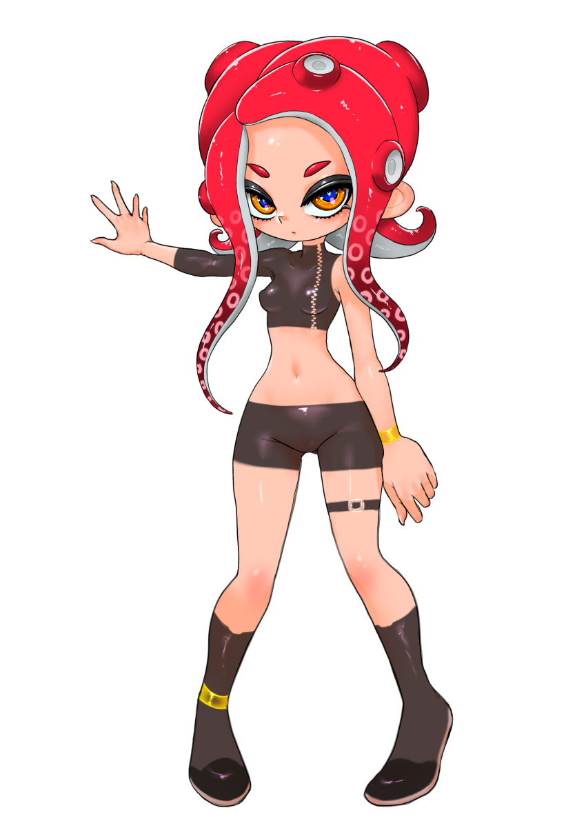 agent_8_(splatoon) arm_up asymmetrical_sleeves bike_shorts black_footwear blue_pupils boots bracelet breasts buckle covered_nipples crop_top expressionless female gold_anklet gold_bracelet highres jewelry knee_boots koharu2.5 long_sleeves looking_at_viewer navel octoling octoling_girl octoling_player_character orange_eyes red_hair sidelocks simple_background skin_tight sleeveless small_breasts splatoon_(series) spread_fingers tentacle_hair thigh_strap white_background wide_hips zipper