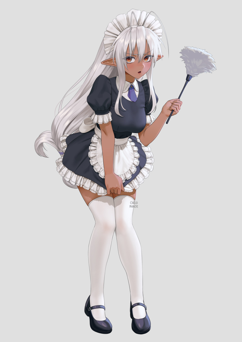 absurdres antenna_hair apron black_dress black_footwear breasts carlo_montie commission dark-skinned_female dark_elf dark_skin dress duster elf feather_duster female frilled_apron frills highres holding holding_duster large_breasts long_hair looking_at_viewer maid maid_apron maid_headdress orange_eyes pointy_ears puffy_short_sleeves puffy_sleeves sansei_muramasa short_dress short_sleeves sidelocks soukou_akki_muramasa thighhighs very_long_hair waist_apron white_apron white_hair white_thighhighs