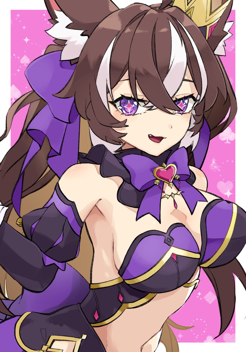 absurdres animal_ear_fluff animal_ears breasts brown_hair commentary crown dress english_commentary female fox_ears fox_girl hair_ribbon highres indie_virtual_youtuber large_breasts long_hair looking_at_viewer mini_crown motoiwork multicolored_hair open_mouth purple_dress purple_eyes purple_ribbon purple_sleeves ribbon rima_evenstar rima_evenstar_(rima_2.0) second-party_source smile solo star_(symbol) star_in_eye streaked_hair symbol_in_eye white_hair