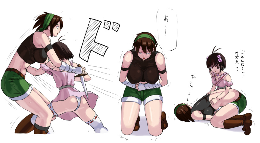 2girls 78_(tky8) antenna_hair bandit_(tales_of_destiny_2) belt black_sports_bra boots breasts broen_e brown_belt brown_footwear brown_hair commentary_request dagger dress full_body green_hairband green_shorts hair_bobbles hair_ornament hairband holding holding_dagger holding_knife holding_weapon hunched_over knife large_breasts looking_at_another midriff multiple_girls open_mouth pink_dress punching reala_(tales) short_dress short_hair shorts simple_background sports_bra stomach_punch tales_of_(series) tales_of_destiny_2 translation_request trembling unconscious weapon white_background