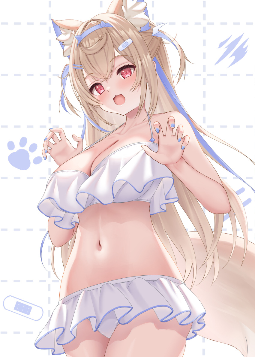 :3 absurdres alternate_costume animal_ears bandaid bandaid_hair_ornament bikini bikini_skirt blonde_hair blue_hair blue_hairband blue_nails blush borrowed_design breasts claw_pose cleavage commentary crossed_bangs dog_ears dog_girl dog_tail double-parted_bangs extra_ears fake_horns female frilled_bikini frills fuwawa_abyssgard hair_between_eyes hair_intakes hair_ornament hairband hairclip halterneck hands_up highres hololive hololive_english horns large_breasts long_hair looking_at_viewer multicolored_hair nail_polish navel open_mouth pink_eyes solo stomach streaked_hair swimsuit tail two_side_up uehiro virtual_youtuber white_bikini