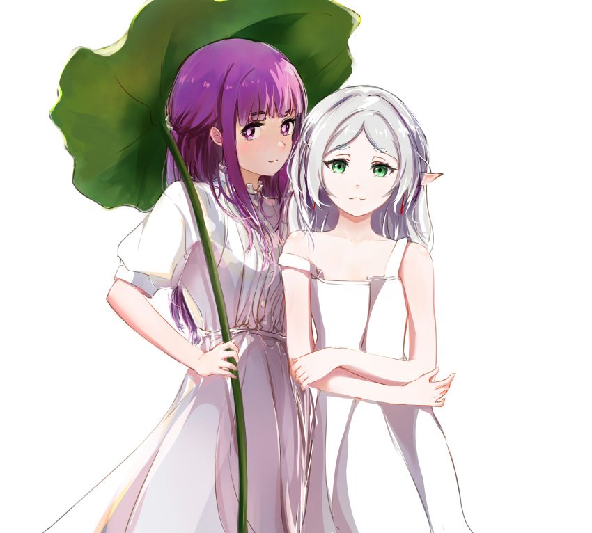 2girls absurdres camisole dress elf fern_(sousou_no_frieren) frieren green_eyes highres huijin leaf_umbrella long_hair looking_at_viewer multiple_girls pointy_ears purple_eyes purple_hair short_sleeves simple_background smile sousou_no_frieren white_background white_camisole white_dress white_hair