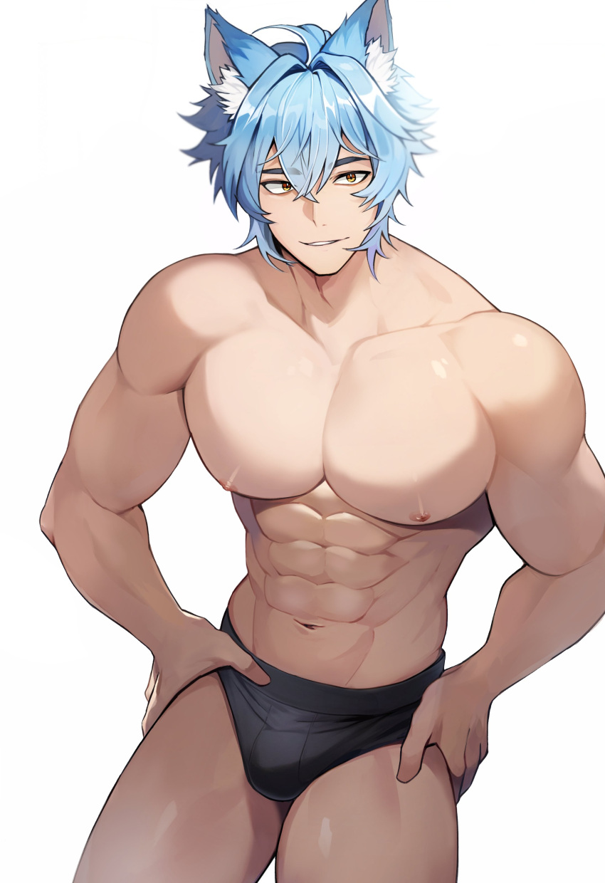 1boy abs absurdres animal_ears black_male_underwear blue_hair fox_boy fox_ears fox_tail gt_dune highres indie_virtual_youtuber lucis_custos male_focus male_underwear multicolored_hair muscular muscular_male navel nipples second-party_source short_hair solo stomach tail topless_male underwear virtual_youtuber white_background yellow_eyes