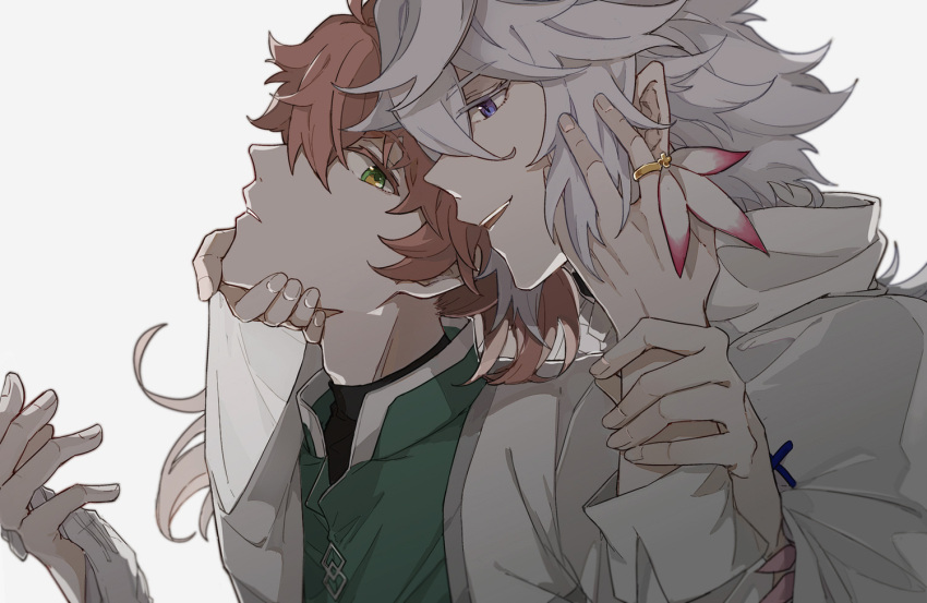 2boys behind_another black_shirt chaldea_logo chinese_commentary colored_eyelashes commentary_request earrings fangs fate/grand_order fate_(series) flower_earrings from_side gloves grabbing_another's_chin green_eyes guided_hand_on_cheek guiding_hand hair_between_eyes hand_on_another's_cheek hand_on_another's_chin hand_on_another's_face holding_another's_wrist holding_hands hood hood_down hooded_robe jewelry long_hair long_sleeves looking_at_another male_focus merlin_(fate) multiple_boys open_mouth orange_hair parted_lips pointy_ears ponytail purple_eyes ring robe romani_archaman ruoyin shirt simple_background smile turtleneck upper_body white_gloves white_hair white_robe yaoi