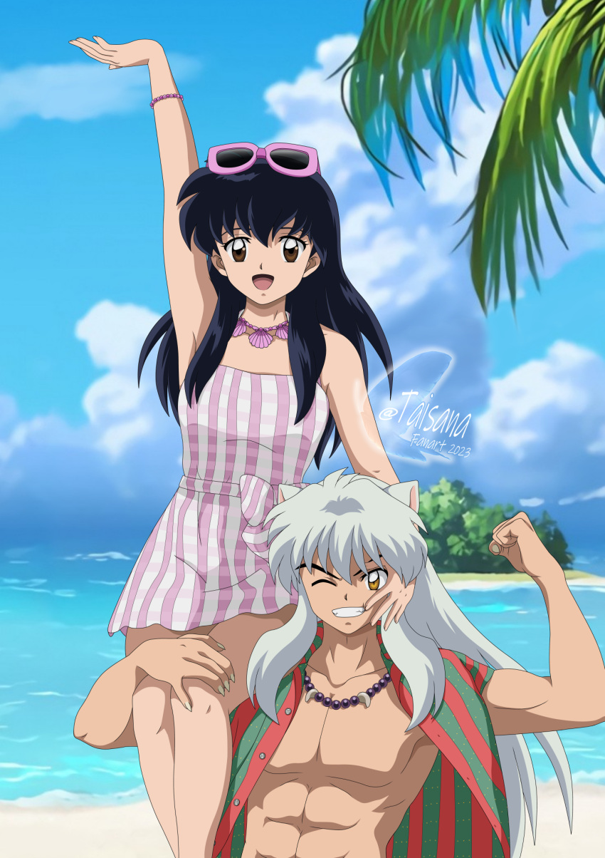 1boy :d animal_ears arm_up bare_arms bare_legs beach bead_necklace beads black_hair blue_sky bracelet brown_eyes cat_ears cloud collarbone day dress dress_shirt english_commentary eyebrows_hidden_by_hair eyewear_on_head female flexing floating_hair grey_hair grin highres higurashi_kagome inuyasha inuyasha_(character) island jewelry long_hair looking_at_viewer necklace ocean one_eye_closed open_clothes open_shirt outdoors palm_tree pink_dress shirt short_dress signature sky sleeveless sleeveless_dress smile striped_clothes striped_dress summer taisana tree two-tone_dress watermark white_dress