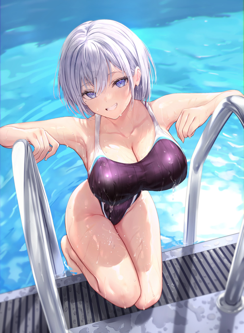 bare_arms bare_shoulders blue_eyes blush breasts cleavage collarbone commentary_request day female grin haishiki highleg highleg_one-piece_swimsuit highres large_breasts mole mole_under_eye one-piece_swimsuit original outdoors pool pool_ladder purple_one-piece_swimsuit short_hair smile solo swimsuit teeth thighs water wet white_hair