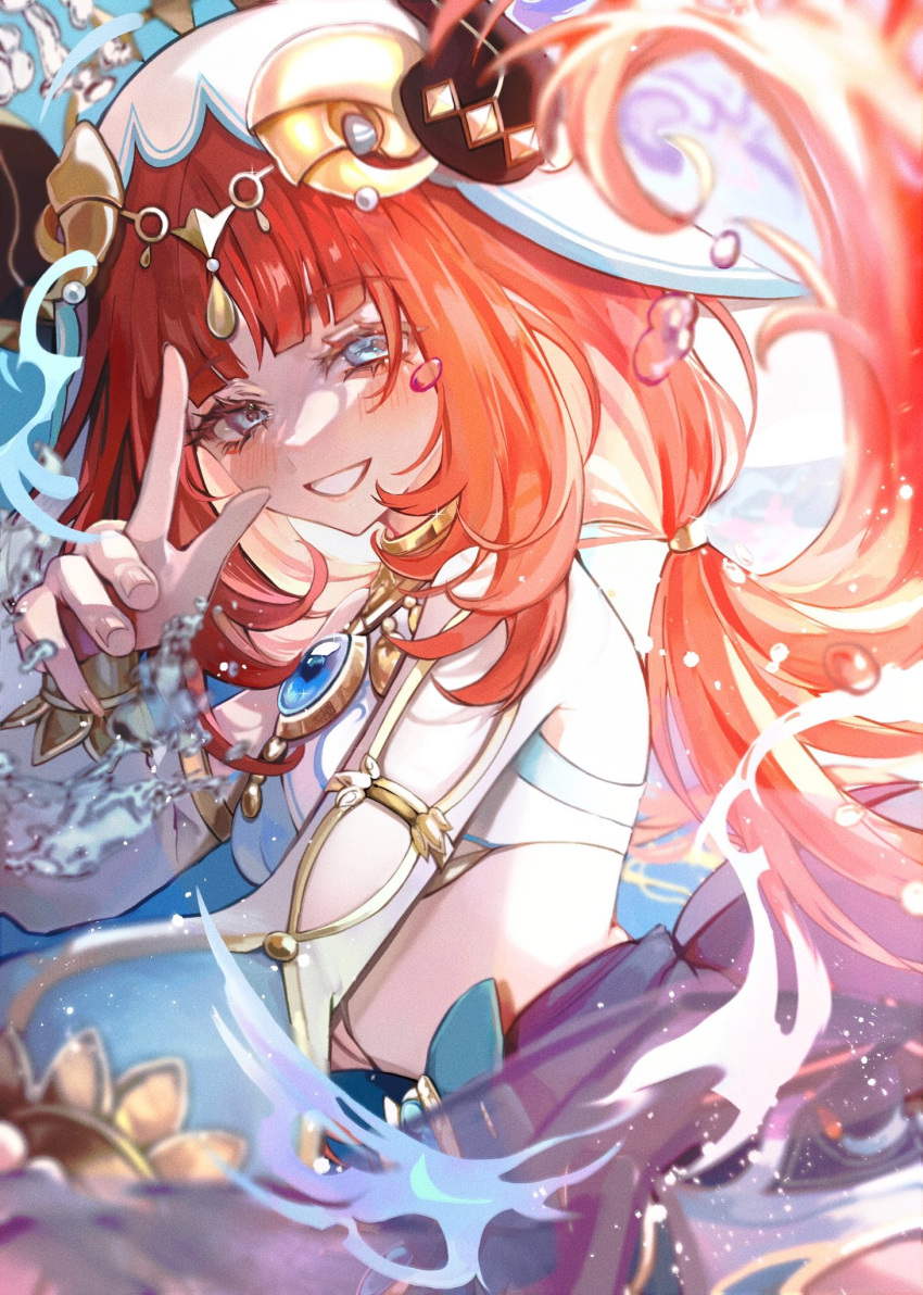 blue_bow blue_eyes blue_gemstone blue_skirt blunt_bangs blurry bow bow_skirt bracer circlet crop_top dancer depth_of_field detached_sleeves diandao_qin eyelashes fake_horns female gem genshin_impact glint gold_trim hand_up harem_outfit highres horns hydrokinesis jewelry light_blush long_hair long_sleeves looking_at_viewer midriff neck_ring nilou_(genshin_impact) open_mouth ponytail_holder puffy_long_sleeves puffy_sleeves red_hair skirt smile solo twintails veil water water_drop white_veil