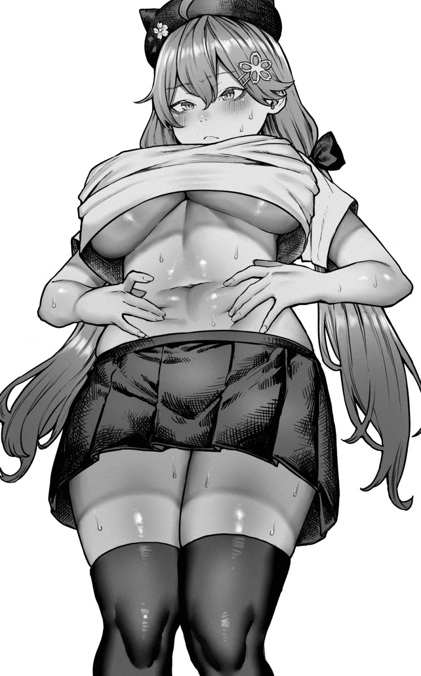 ahoge belly belly_grab beret blush breasts clothes_lift feet_out_of_frame female flower grey_hair hair_between_eyes hair_flower hair_ornament hairclip hands_on_own_stomach hat highres hololive huge_breasts inamimi_(sheep1733) long_hair low_twintails monochrome navel sakura_miko shadow shirt_lift short_sleeves simple_background skirt solo sweat thighhighs thighs twintails underboob virtual_youtuber white_background zettai_ryouiki